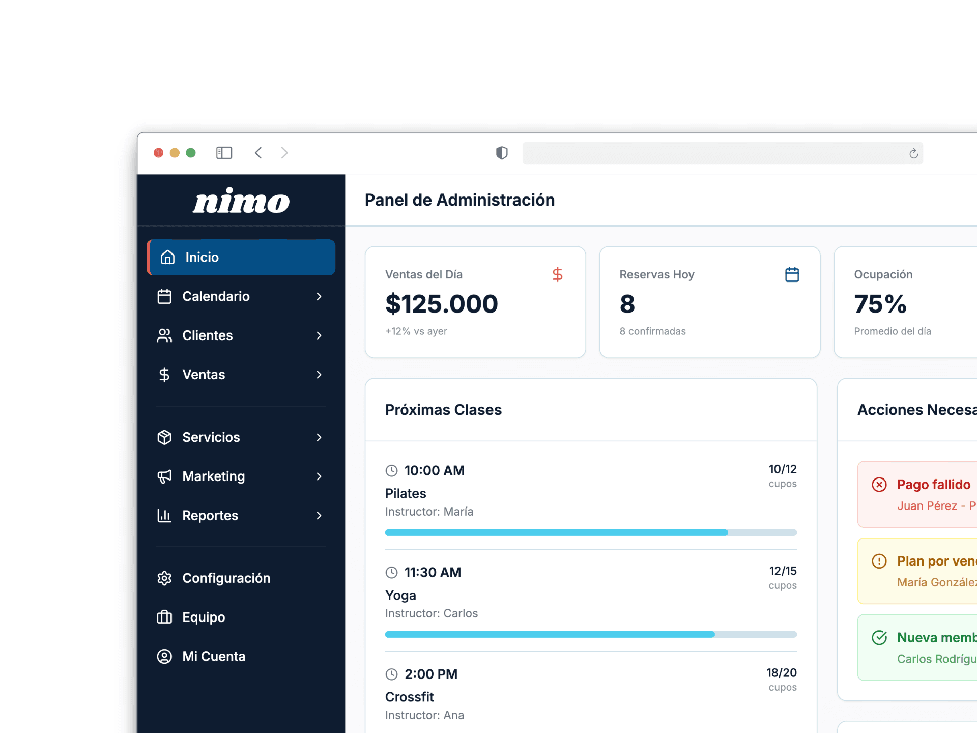 Vista previa del Dashboard de Nimo